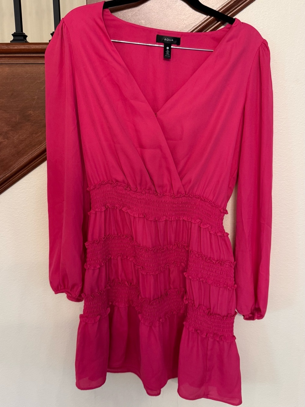 Aqua Bright Fuchsia Long-Sleeve Smocked Mini Dress